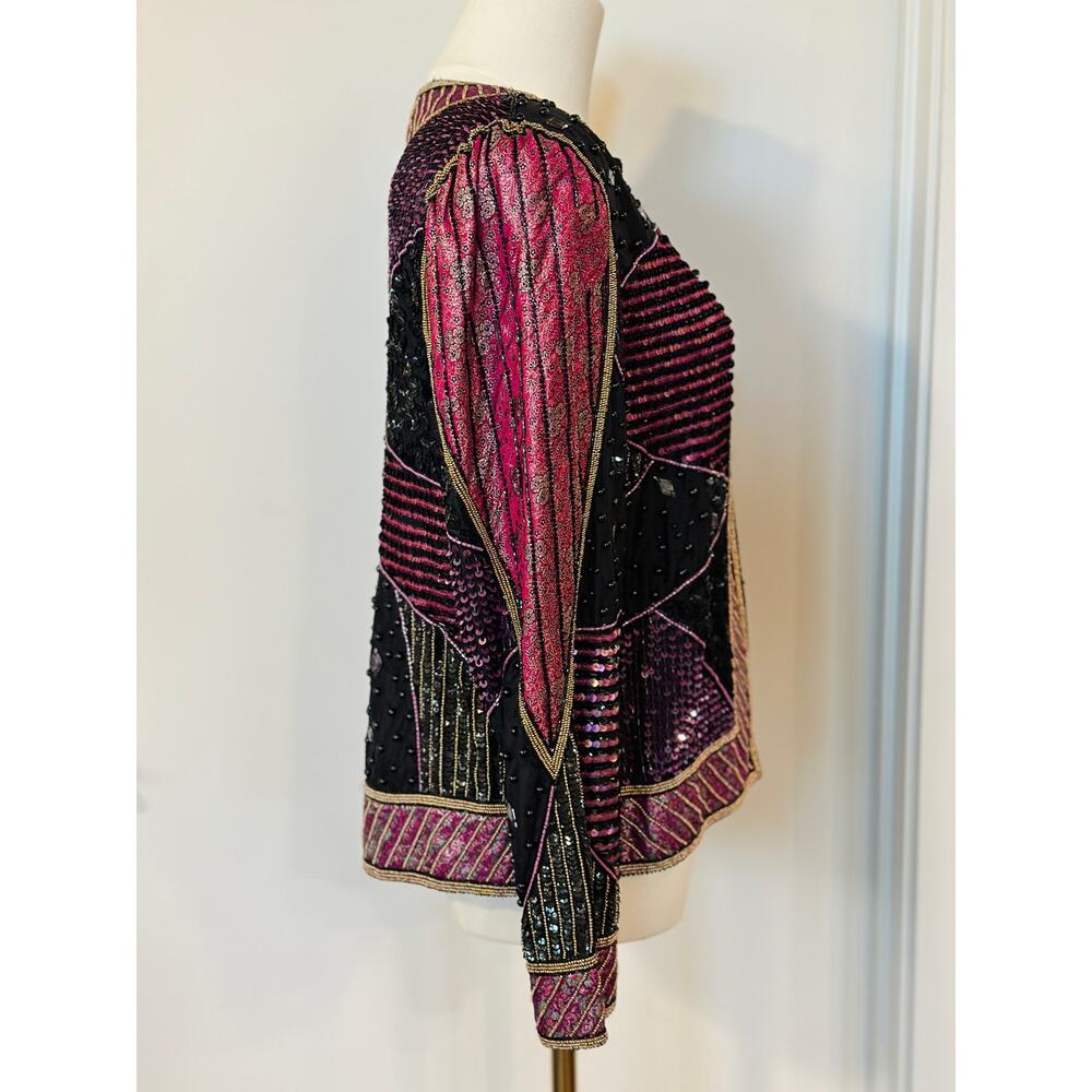 Vintage 80s Judith Ann Creations Multicolor Beaded Sequins Silk Patchwork Jacket - Picture 3 of 14